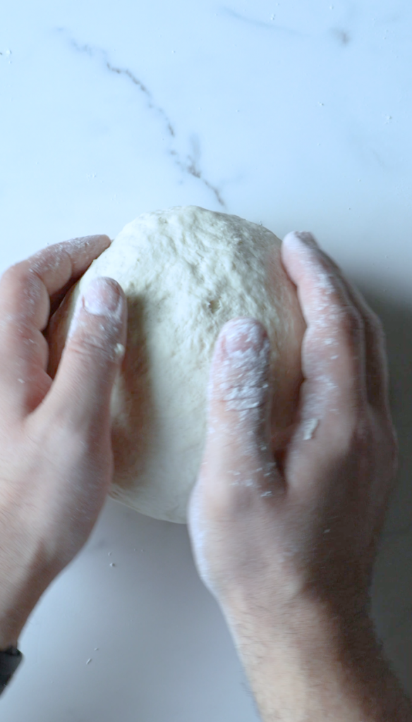 Mix together flour, yeast, water, oil and salt. Roll into 6 balls and let rise.